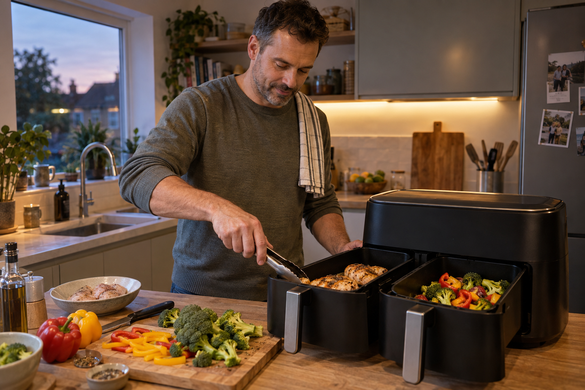 Man preparing a simple meal with a dual-zone air fryer