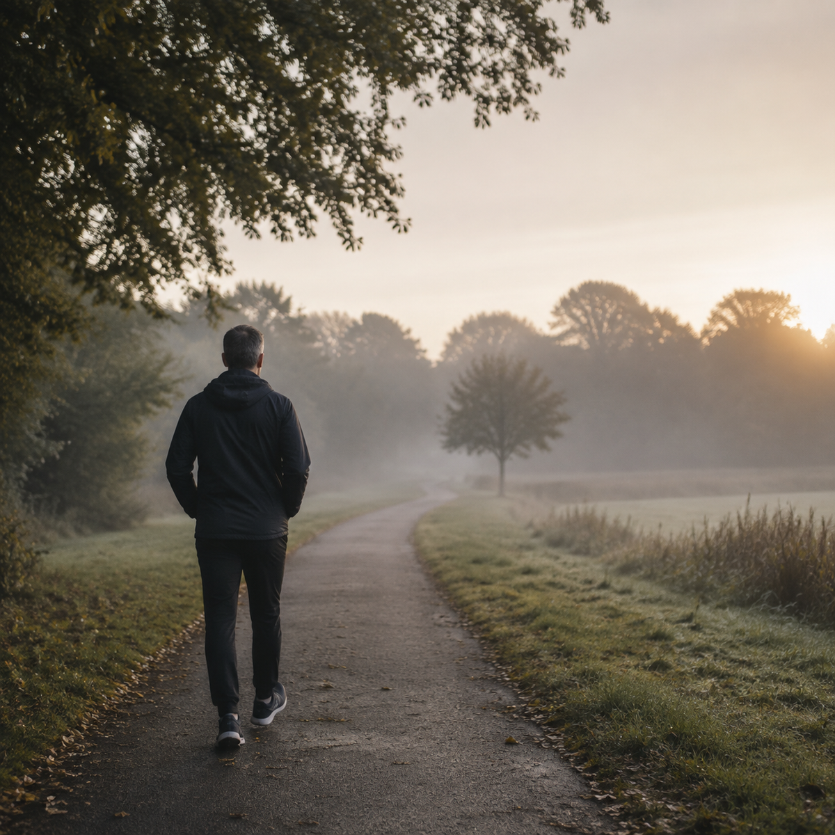 Man walking on a quiet park path at sunrise, representing a fresh September reset